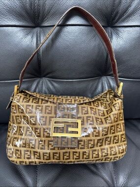 Fendi Brown Zucca Monogram Shoulder Bag with Gold Logo Plaque